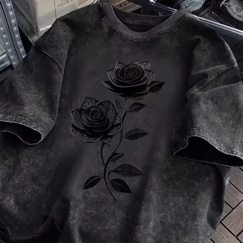 Men's Fashion Short Sleeve T-Shirt Rose Print Design, Loose Fit, Comfortable Breathable, Street Style, Streetwear, Daily Wear, Shopping, Casual Events