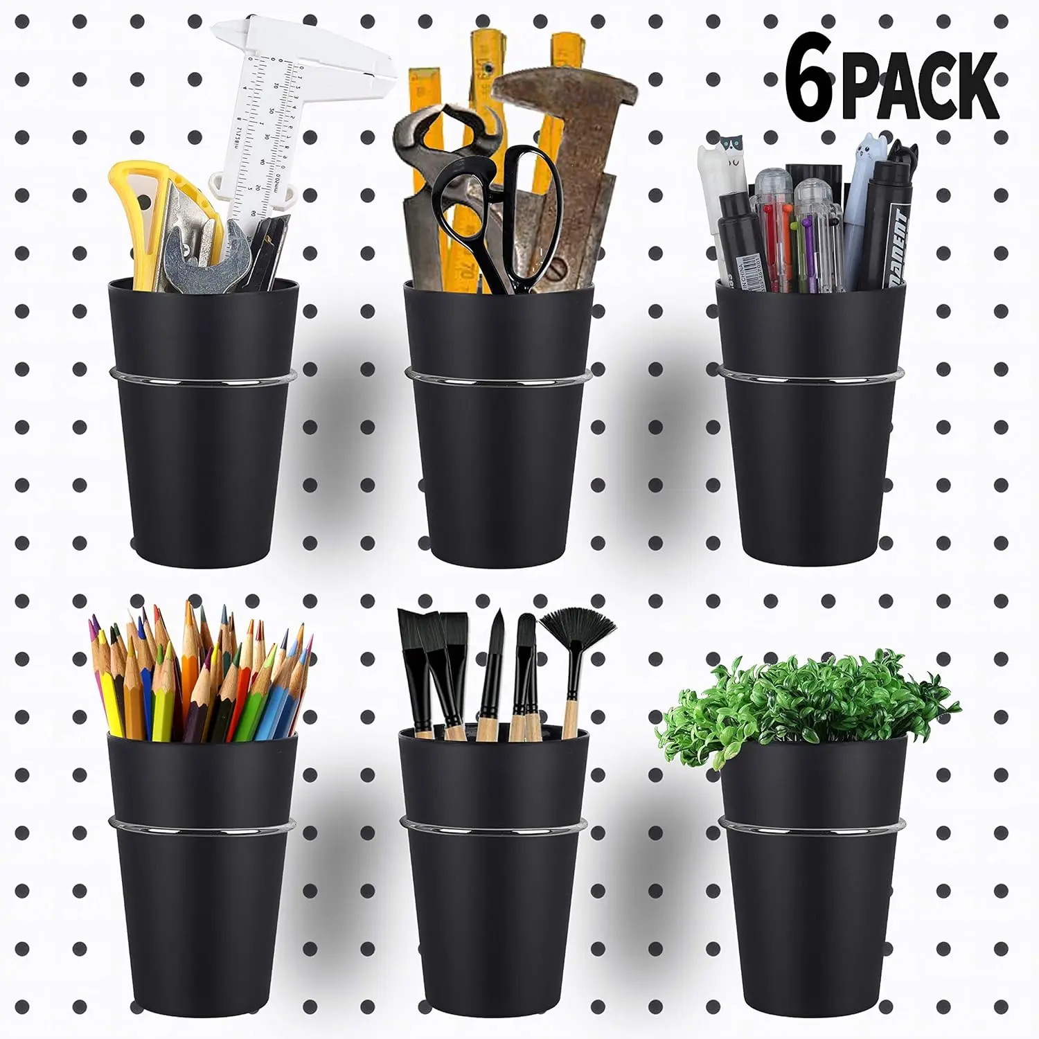 6-Count Ring-Style Pegboard Accessories - Stainless Steel Hooks with Plastic Cups, 0.12 in Thick Disassembled & Combined Easy-to-Use Tool Organizers for Shop, Work Bench