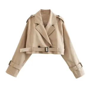Women’s Cropped Trench Coat – Casual Double-Breasted Short Jacket, Autumn Fashion Outerwear with Belt