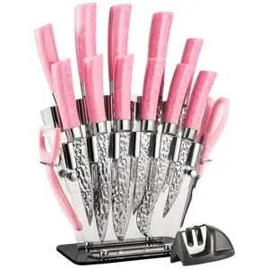 Kitchen Knives Set High Carbon Stainless Steel Knife Set 15 PCS Super Sharp Cutlery Knife Set with Clear Acrylic Stand Sharpener Knife Block Set Pink Knife Set