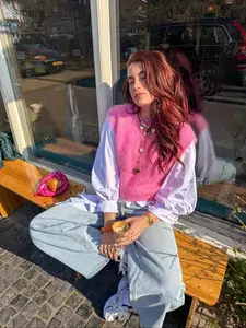 Women's Hot Pink Sweater Vest with Fuzzy Mohair Texture & Crew Neck Soft Warm Knitwear for NYE Outfit & Holiday Party Trendy Y2K Layering Top