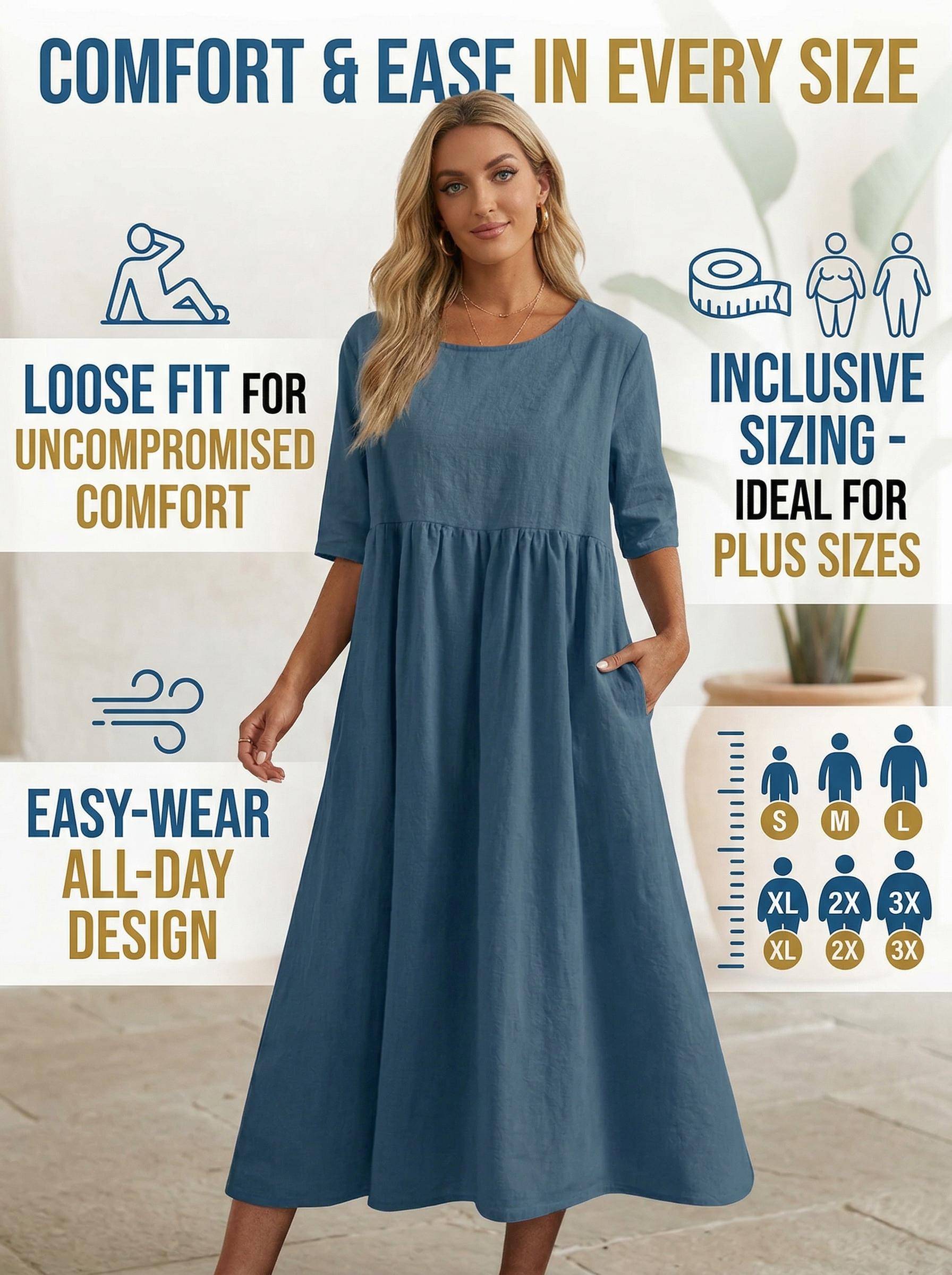 2026 Women's Summer Cotton Linen Loose Midi Dress - Casual Short Sleeve Round Neck Flowy Beach Vacation Dress with Pockets, Plus Size Vintage Style Party Wear