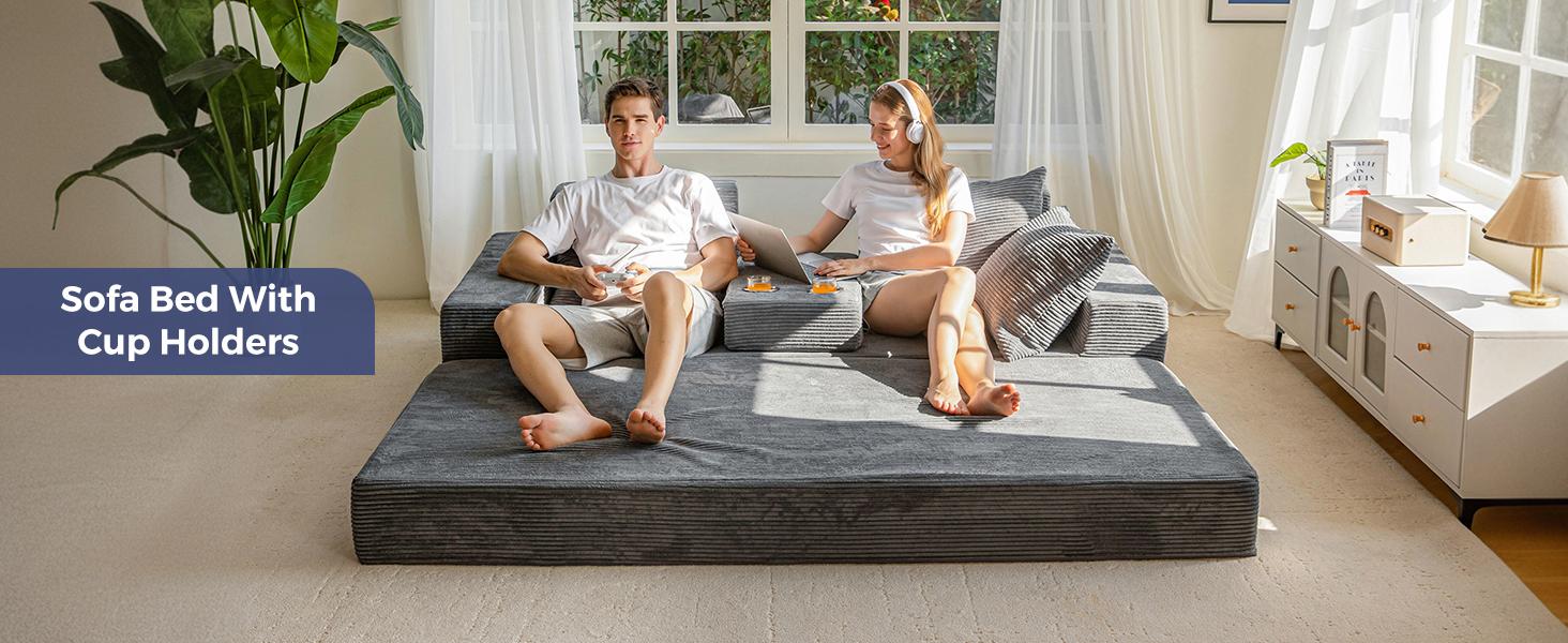 MAXYOYO Sofa Bed, 4 in 1 Foldable Floor Sofa Couch in A Box with 2 Cup Holders, Convertible 3 Seater Boneless Couch Folding Recliner Sleeper Chair for Living Room, No Assembly Required