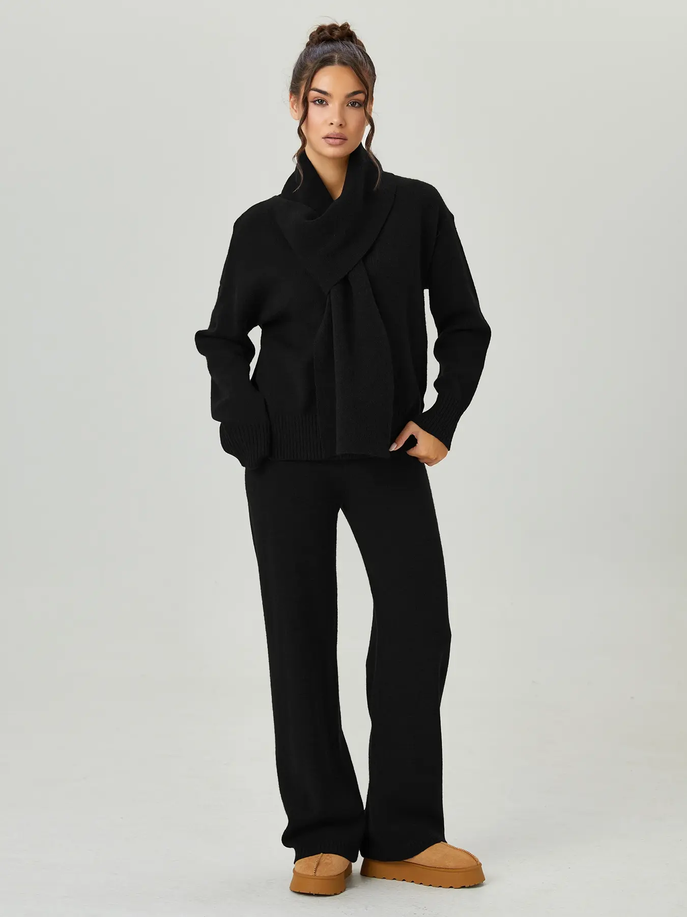 Women's Slouchy Solid Color V-Neck Long Sleeve Sweater with Scarf & Wide Leg Trousers Co-ord