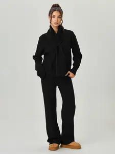 Women's Slouchy Solid Color V-Neck Long Sleeve Sweater with Scarf & Wide Leg Trousers Co-ord