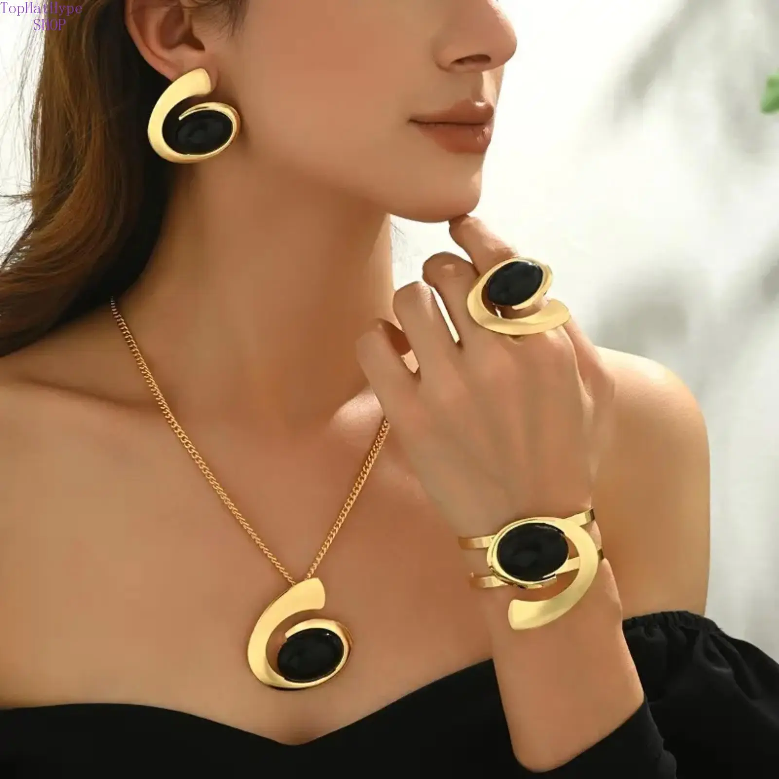 Gold-Colored Jewelry Set, 4-Piece Bohemian Spiral Conch Design with Ring, Necklace, Bracelet & Stud Earrings for Women, Trendy Beach Accessories, Gold Jewelry Set, Fashionable Jewelry Set