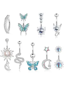 10 Pieces 14G Belly Bars for Women Stainless Steel Belly Bar Heart Snake Butterfly CZ Dangly Belly Bar Barbell Belly Button Piercing Jewellery