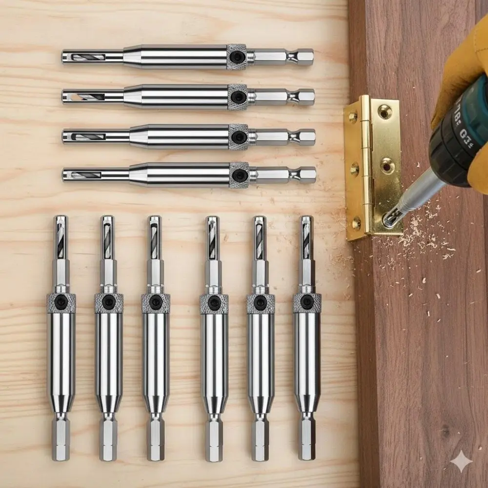 Adjustable Self-Centering Door Hinge Drill Bit Set, Heavy Duty Carbide Boring Tool with Anti-Slip Handle. Precision Quick-Lock Woodworking Kit, Industrial Durable Drill Guide for Cabinet Installation & Furniture Making DIY Tools Accessories.