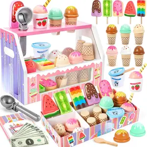 Ice Cream Toy, Wooden Ice Cream Toys for Kids Toddlers, Pretend Play Kitchen Food Toys, Wooden Play Store Counter Shop Playset for Toddlers, Toy Gift for 3 4 5 6 7 8 Year Old Girls Boys
