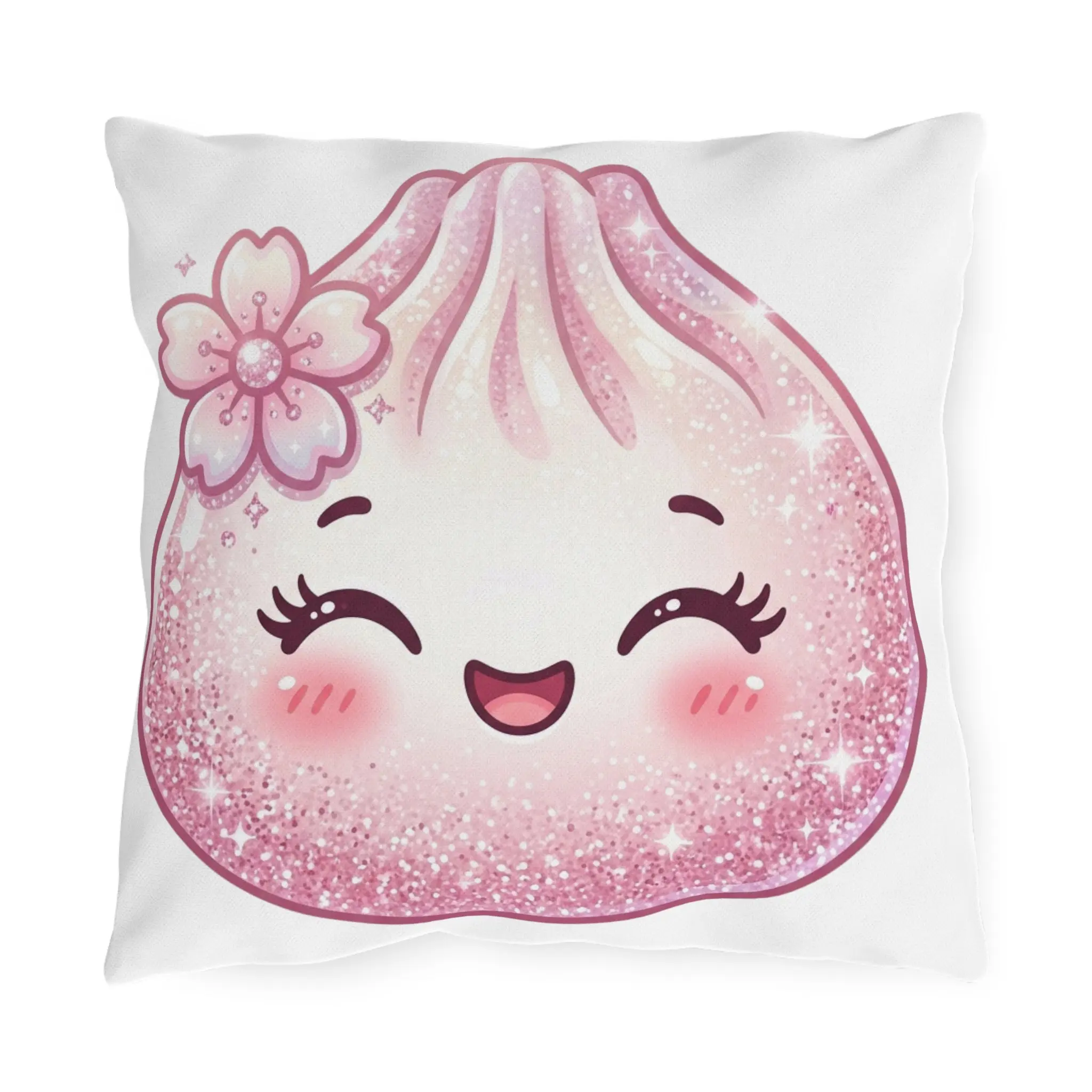Kawaii Pink Dumpling Outdoor Pillow — Cute Sparkle Garden Accent