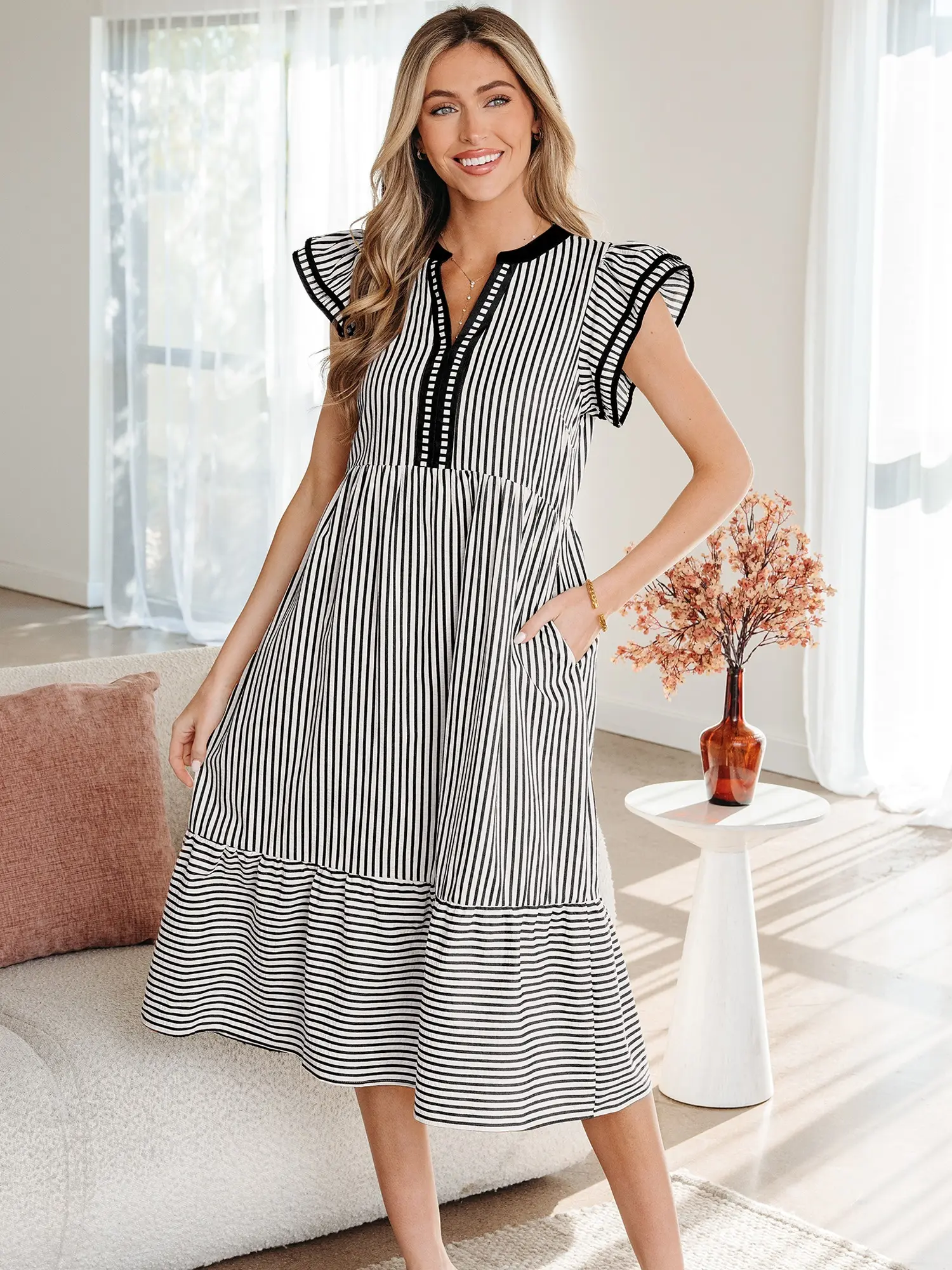 PHEFEE Women's Boho Striped Midi Dress, Feminine V-Neck with Ruffle Short Sleeves, Breathable High-Waist Tiered Summer Casual Dress with Pockets, Polyester, Drape, Shortsleeve