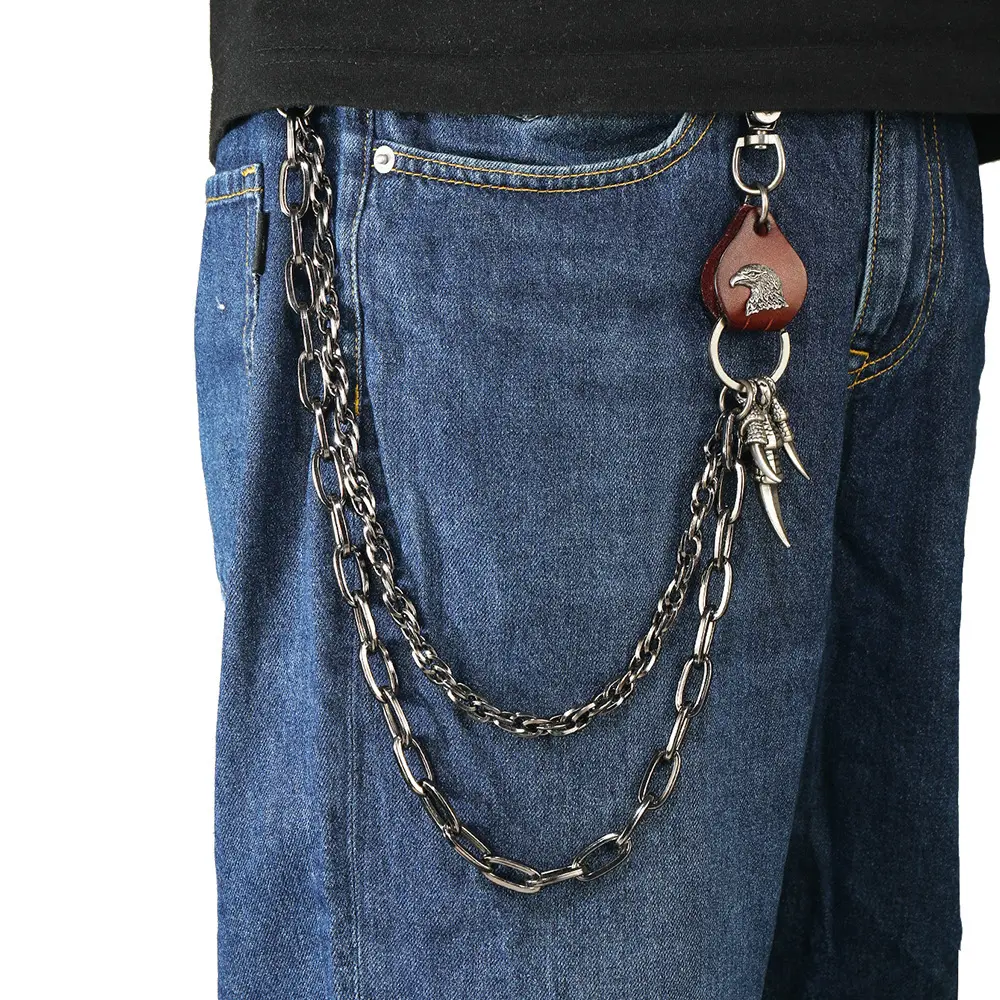 Vintage Eagle & Claw Pants Chain, Double-Layer Metal Wallet Chain with Leather Accent, Gothic Punk Waist Chain Keychain for Jeans, Y2K Streetwear Accessory for Men & Women