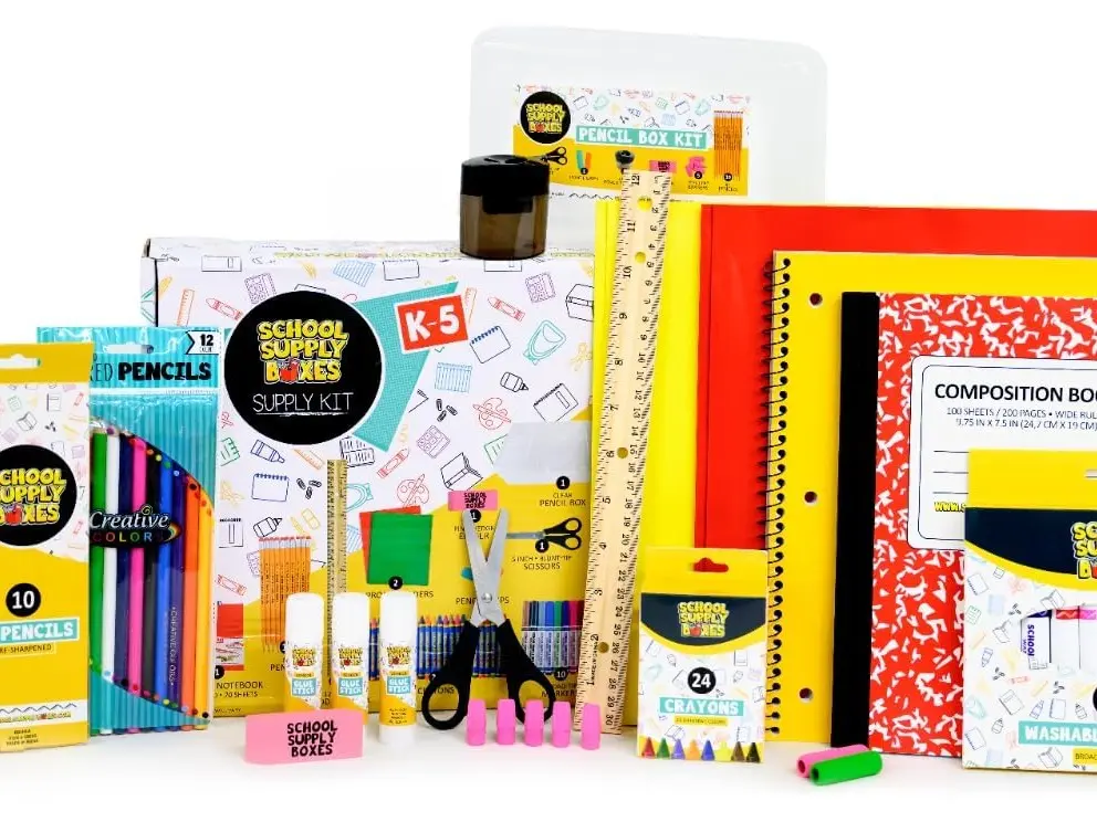 School Supply Boxes - 32 Piece School Supplies Kit Includes Markers, Crayons, Pencils, Scissors, Folders, Glue Sticks, Notebook, and Composition Book