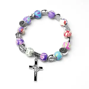 Colorful Rosary Bracelet Catholic Gift Crucifix Pendant Crystal Beaded