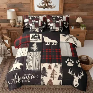 Retro Cabin Lodge Bed In A Bag Wolf Plaid Patchwork Comforter Set with Sheets For Kids Teens Adult Woodland Wildlife Bear Trees 7 Piece Bedding Set,Country Farmhouse Deer Bed Set,Red Black