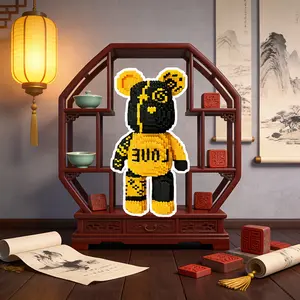 Gold Fortune Bear 2658pcs 3D Puzzle Building Block Decor, Home Office Bookshelf Decoration, Party Living Room TV Stand Display