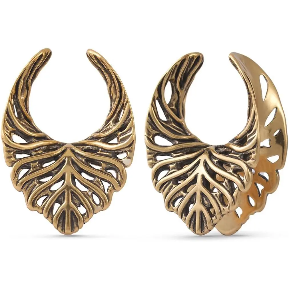 2 count Elegant Baroque Leaf  Ear Tunnels 8mm-25mm Gothic Plugs Gauges Saddle Double Flare Stretching  for Women Men Alternative Fashion
