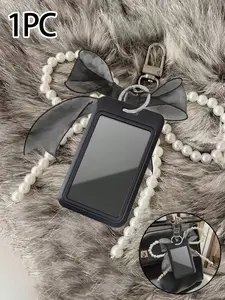 Pearl Bow Acrylic Card Case Keychain, Fashionable Pearl Mesh Bow Keyring, Dual Slot, Sliding Cover, Portable Lanyard, Perfect Gift, Id Badge Holder