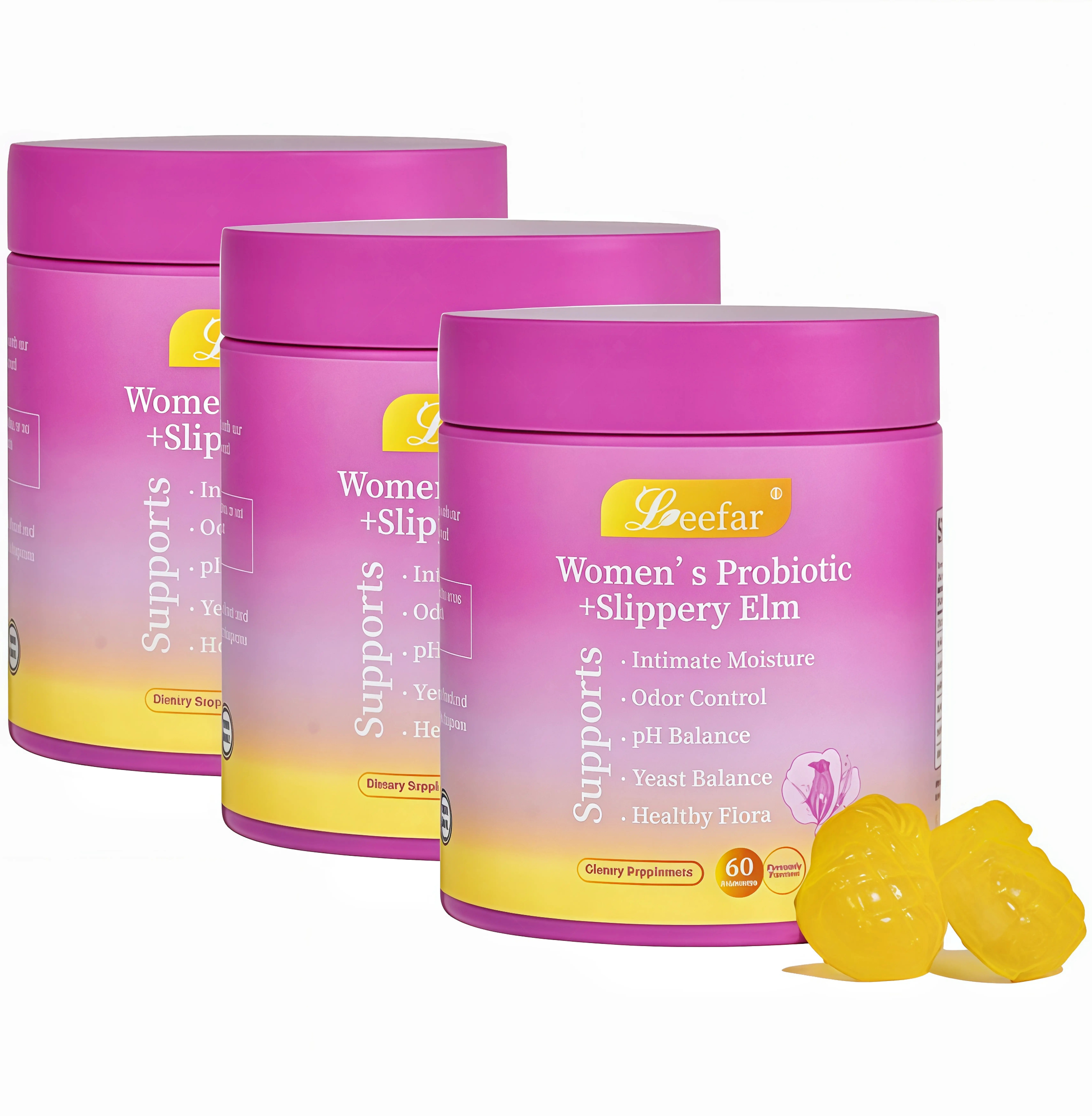 3 Piece LEEFAR Her Probiotics Gummies GC - All in One Solution with Slippery Elm and Prebiotics & Lactobacillus Probiotic Blend for Women's pH Balance and Dryness Hawaiian Pineapple Gummies Dietary Supplement
