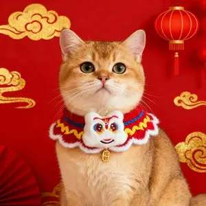 Chinese New Year Pet Scarf and Bow Tie Set Handmade Knitted Collar Lion Dance Lucky Cat Style Adjustable Safe Design for Cats Dogs