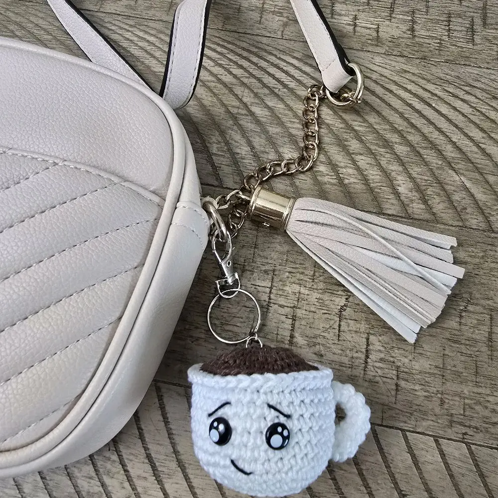 Cute Fuzzy Round Coffee Cup Keychain, 100% Cotton Knitted Bag Charm with Tassel, Trendy Fashion Accessory for Keys or Purses, Fuzzy Keychain, Trendy Cute Keychain