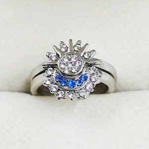 2pc/set Sun & Moon Couple Ring Set Sky Blue Sparkling Moon and Sun Ring New Women's Stackable Finger Set Couple Jewelry