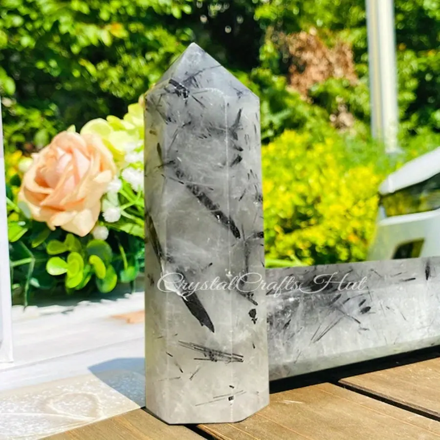 8-9cm Tourmaline Black Rutilated Quartz Crystal Gemstone Wand Point Car Home Decoration Tower Gift