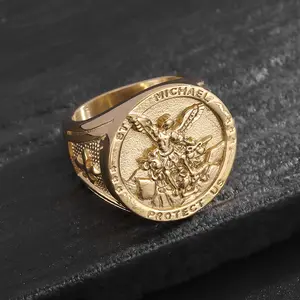 Men’s Gold Plated Titanium Steel Archangel St. Clair Ring, Hip Hop Punk Style, Perfect for Daily & Street Wear