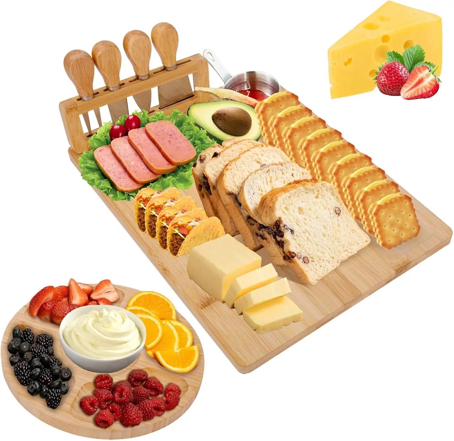 Bamboo Charcuterie Board Set with 4 Stainless Steel Cheese Knives, Cheese Serving Platter for Parties, Weddings & Home Entertaining