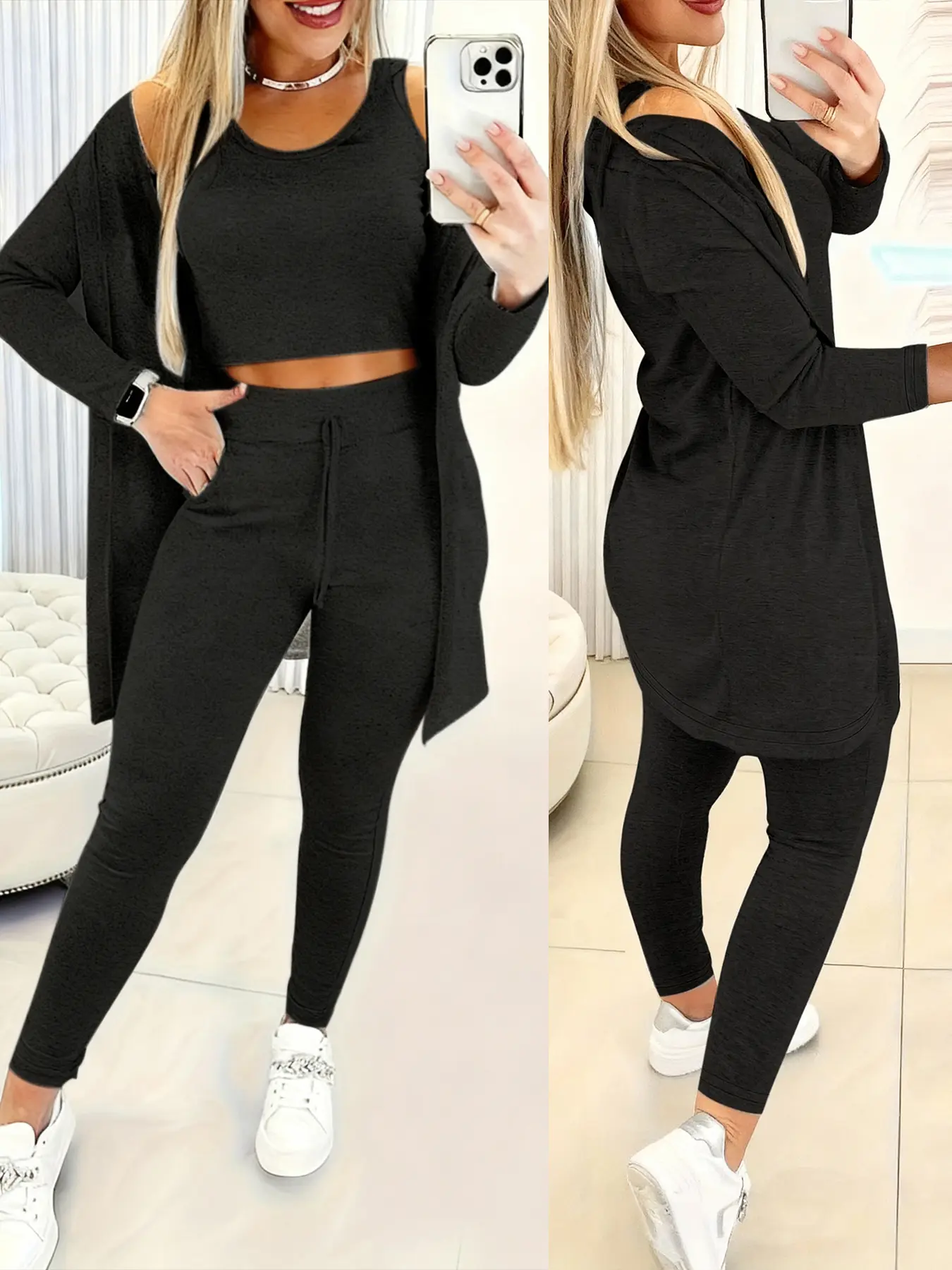 Women's Solid Color Basic Minimalist Tank Top & Pants & Long Sleeve Outwear Lounge Set, Casual Comfy Loungewear Set for Daily Wear, Ladies Home Sleepwear Pajama for All Seasons