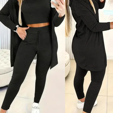 Women's Solid Color Basic Minimalist Tank Top & Pants & Long Sleeve Outwear Lounge Set, Casual Comfy Loungewear Set for Daily Wear, Ladies Home Sleepwear Pajama for All Seasons