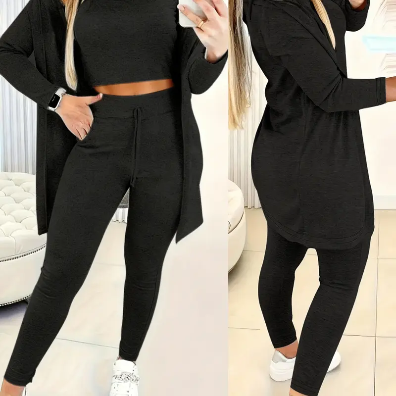 Women's Solid Color Basic Minimalist Tank Top & Pants & Long Sleeve Outwear Lounge Set, Casual Comfy Loungewear Set for Daily Wear, Ladies Home Sleepwear Pajama for All Seasons