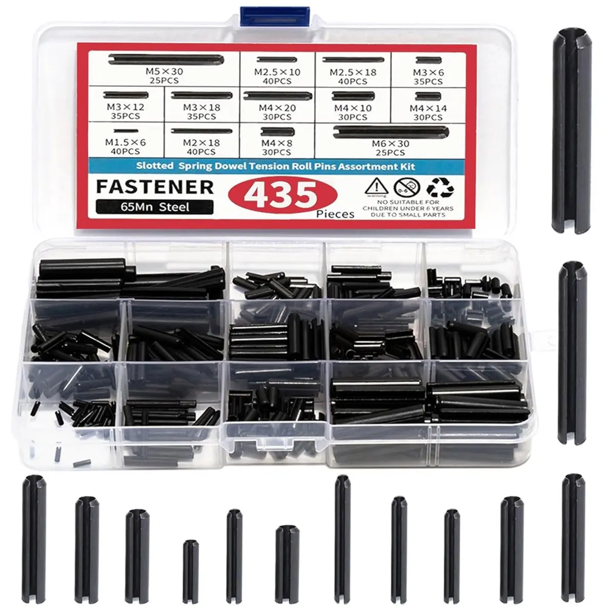 435counts Roll Pin Assortment Set - Slotted Spring Pin - Spring Dowel Tension Roll Pins - M1.5 M2 M2.5 M3 M4 M5 M6 13Types Split Expansion Spring Steel Pin Assortment Kitu2026giftgiftgift