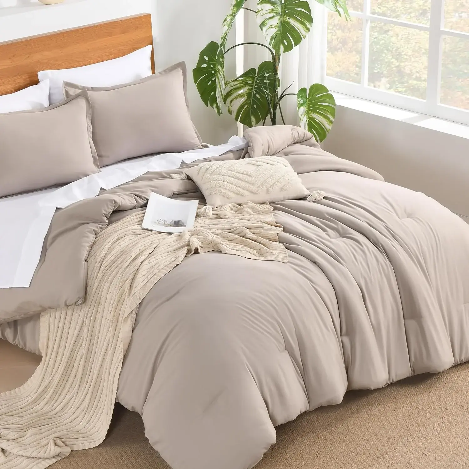 Andency Taupe  Comforter Set & Duvet insert- 7 Pieces Bed in a Bag, Summer Solid Soft Lightweight Comforter with Fitted Sheets, Flat Sheets, Pillowcases & Shams