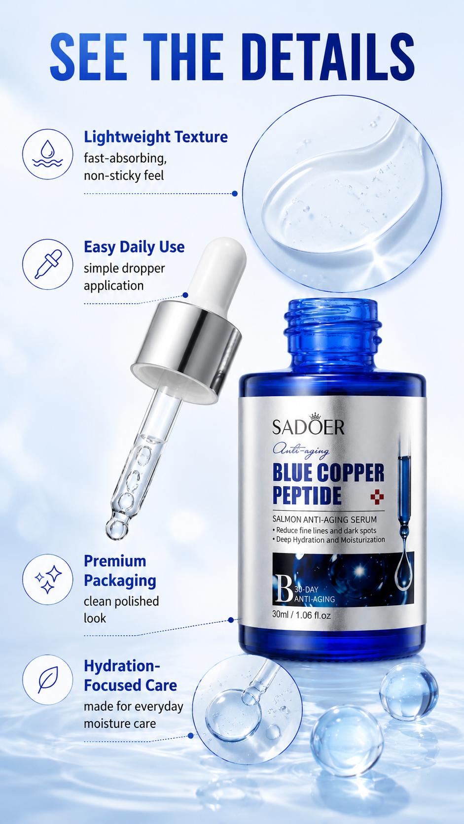 GHK-Cu Copper Peptide Facial Serum, 30ml Hydrating Essence with Hyaluronic Acid for Glass Skin, Dry Skin Nourishment & Barrier Care, Gentle Lightweight Daily Face Care with Dropper, Fresh