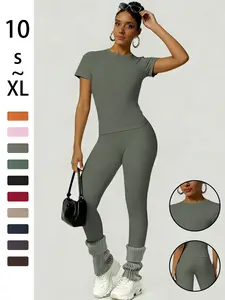 Women's Sportswear Set, Slim-Fit Round Neck Short Sleeves & High-Waisted Yoga Pants, Ideal for Gym Running Outdoor Activities