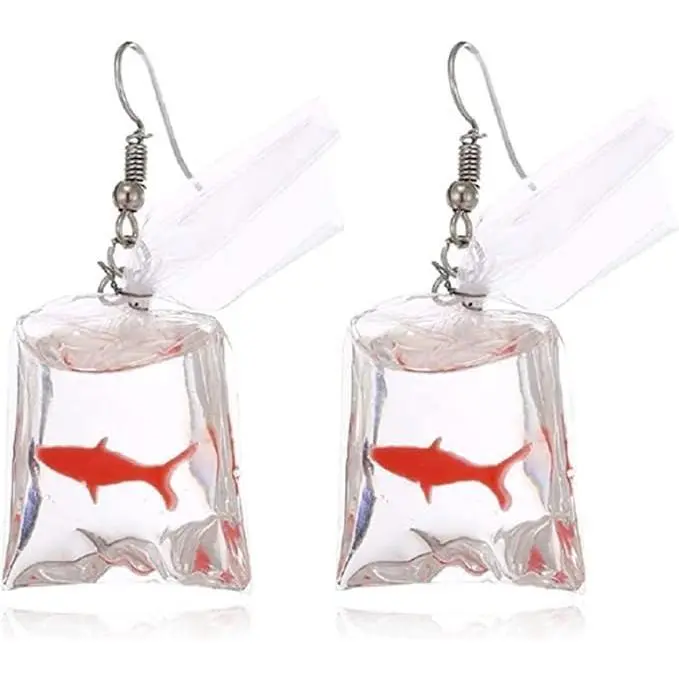 Funny Fish Earrings Unique Acrylic Resin Water Bag Shape Dangle Hook Earrings Gift for Girls Women