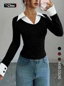 Women's Colorblock Patchwork Mock Two-Piece Shirt Collar Slim Fit Long Sleeve Top, Simple Comfortable Casual Daily Wear, Versatile Fashion Blouse