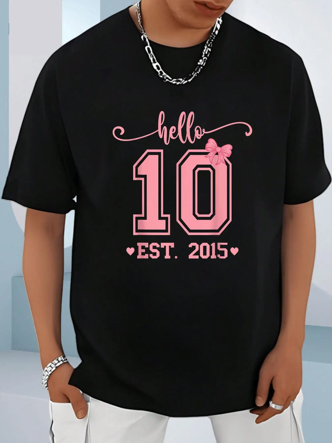 100% Cotton Unisex Hello Ten Double Digits Cute Coquette Bow 10th Birthday Girl T-Shirt, Men's Women's Shirt Top, Short Sleeve Tops Crewneck T-shirt