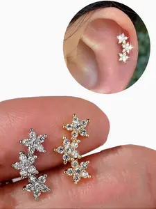 Stainless Steel Cz Stud Earrings, Flower & Star Design, Cartilage Conch Helix Ear Piercing Jewelry, 12g Fashion Accessory for Women