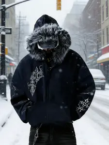 High Street Dark Style Hoodie Jacket Couple Gothic Cross Element, Loose Zipper Cardigan Coat, Plush Hat Design, Trendy Skateboarding Date Wear, Casual Hoodie