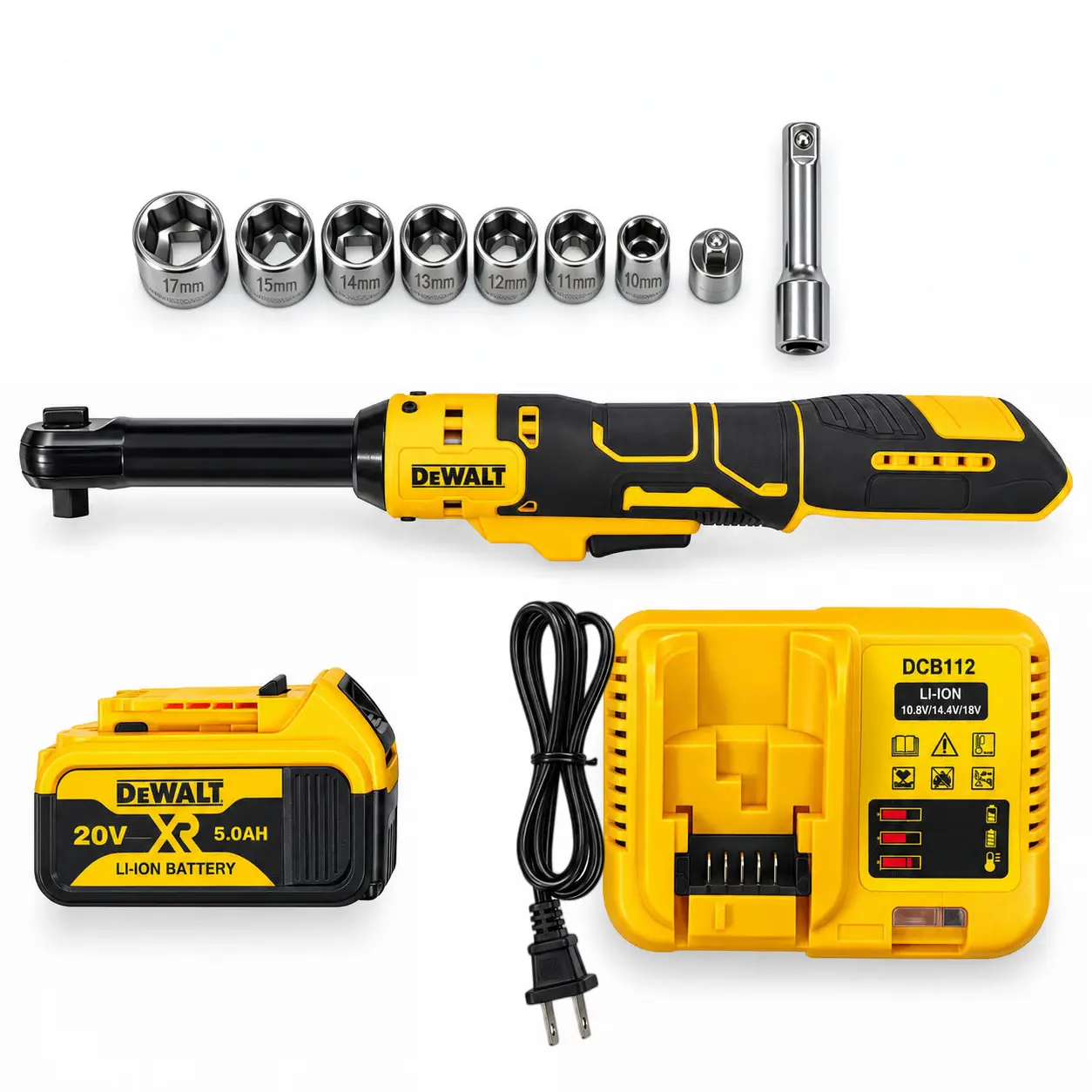 DEWALT 20V MAX Angle Wrench Kit with brushed motor delivering 120 N.m of torque. Features LED light and low-profile head. Comes complete with a 5.0Ah XR battery, DCB112 fast charger, extension bar, and 7 sockets from 10mm to 17mm for professional repairs.