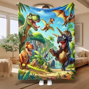 Cartoon Dinosaur Pattern Flannel Blanket, Soft Comfortable Throw Blanket, Warm Napping Blanket for Home Office Travel, Gift for All Seasons  "Christmas gift Dream Weave Home "