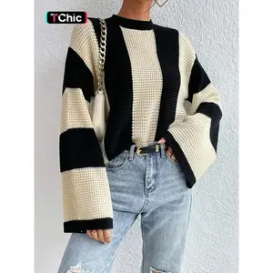 Casual Daily Crew Neck Two Tone Stripe Loosed Drop Shoulder Long Flared Sleeve Sweater