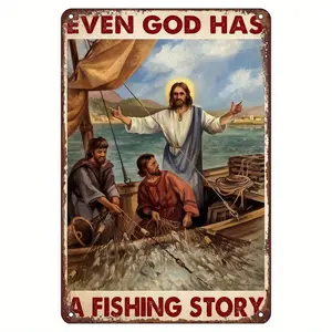 Vintage Christian Fishing Story Metal Tin Sign - Waterproof Pre-drilled Wall Art for Home, Bar, Cafe, Restaurant - Humorous Gift for Fisherman - Weather-Resistant Indoor/Outdoor Decor