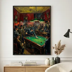 Pool Hall Billiards Wall Art Print, Expressionist Bar Scene Painting Poster, Game Room Decor