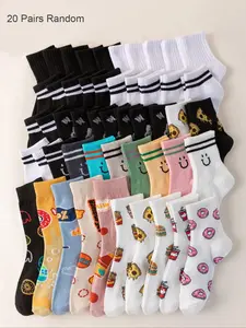 Women's Random Color Cartoon Graphic Knitted Crew Socks, Casual Moisture Wicking Socks, Socks for Women, Back To School Clothes, Soft Comfy Breathable Socks for All Seasons Daily Wear, Womenswear