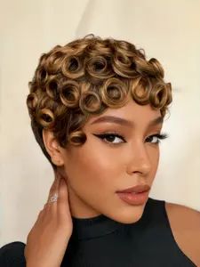 Glueless Short Layered Colorful Curly Pixie Wig Human Hair for Women Full Machine Made Daily Use