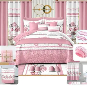 King Luxury 30-Piece Bedroom Set - Pink Floral Bedding, Curtains, Slippers, and More for a Cozy Home