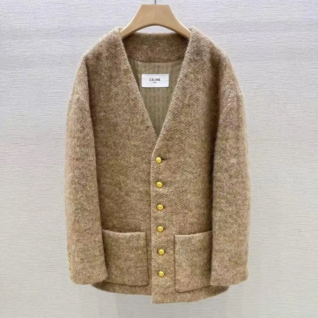 Pre-owned Celine Vintage‑Style Oversized Oatmeal Camel Wool Jacket with Gold‑Tone Hardware Buttons 101954